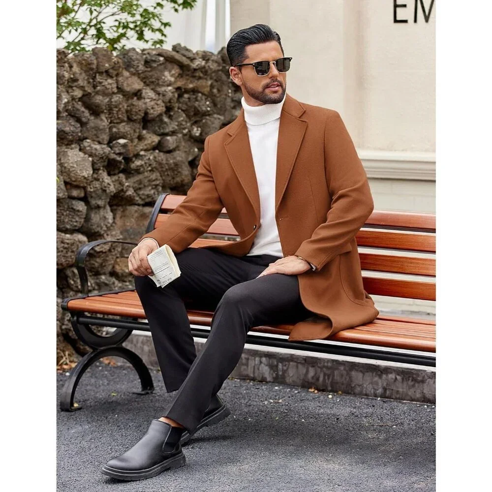 Men’s Long Trench Coat Single-Breasted Wool Blend Overcoat Brown Notched Collar - Picture 3 of 6